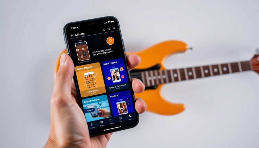 A vibrant, dynamic image of a smartphone display showcasing various guitar learning mobile applications. The foreground features a hand holding the smartphone, the screen displaying intuitive interfaces with guitar chord diagrams, video lessons, and practice tools. The middle ground highlights a guitar neck and fretboard, creating a seamless integration between the digital and physical elements. The background subtly conveys a modern, minimalist setting, with clean lines and muted tones to emphasize the focus on the mobile apps. The overall composition and lighting evoke a sense of accessibility, simplicity, and the empowering potential of using technology to learn guitar without a traditional instructor. A vibrant, dynamic image of a smartphone display showcasing various guitar learning mobile applications. The foreground features a hand holding the smartphone, the screen displaying intuitive interfaces with guitar chord diagrams, video lessons, and practice tools. The middle ground highlights a guitar neck and fretboard, creating a seamless integration between the digital and physical elements. The background subtly conveys a modern, minimalist setting, with clean lines and muted tones to emphasize the focus on the mobile apps. The overall composition and lighting evoke a sense of accessibility, simplicity, and the empowering potential of using technology to learn guitar without a traditional instructor.