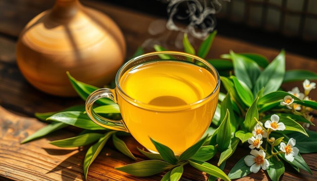A vibrant, natural-looking tea cup filled with a golden, steaming liquid. The cup is placed on a rustic wooden table, surrounded by fresh green tea leaves and delicate floral accents. Soft, natural lighting casts a warm glow, highlighting the tea's inviting appearance. The composition emphasizes the purity and vitality of the natural tea, conveying a sense of healthfulness and revitalization. The overall mood is serene, organic, and inviting, reflecting the benefits of this natural energy-boosting tea.