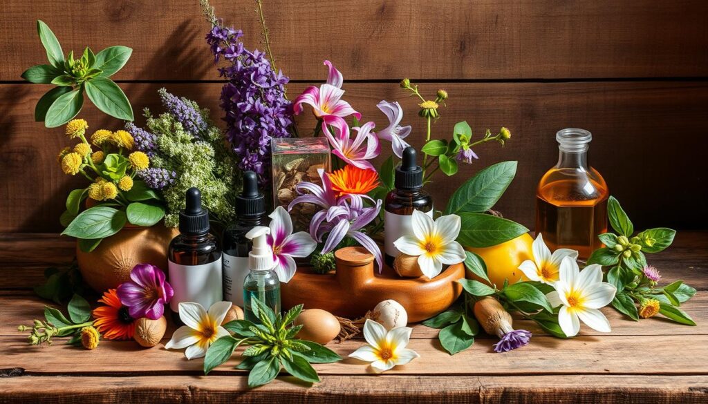 A vibrant natural still life capturing the essence of "remedios naturales." Arrange an assortment of organic botanicals and wellness items on a rustic wooden surface, bathed in warm, diffused lighting. Include an array of soothing herbs, fragrant flowers, essential oils, and other natural remedies. Capture the remedies in a harmonious, visually appealing composition that evokes a sense of tranquility, balance, and the rejuvenating power of nature. Emphasize the beautiful textures, colors, and shapes of the natural elements to create an inviting, serene atmosphere. A vibrant natural still life capturing the essence of "remedios naturales." Arrange an assortment of organic botanicals and wellness items on a rustic wooden surface, bathed in warm, diffused lighting. Include an array of soothing herbs, fragrant flowers, essential oils, and other natural remedies. Capture the remedies in a harmonious, visually appealing composition that evokes a sense of tranquility, balance, and the rejuvenating power of nature. Emphasize the beautiful textures, colors, and shapes of the natural elements to create an inviting, serene atmosphere.