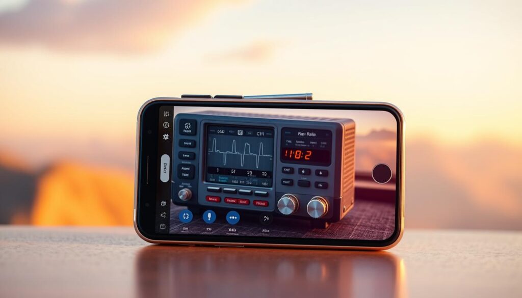 A vibrant smartphone screen displaying a meticulously designed amateur radio app interface. The foreground features an intuitive control panel with a frequency display, signal strength indicators, and various function buttons. The middle ground showcases a detailed 3D rendering of a classic ham radio transceiver, its sleek metallic body and intricate knobs inviting exploration. The background subtly blends a serene natural landscape, hinting at the outdoor adventures and global connectivity associated with the world of amateur radio. Warm, evocative lighting and a sense of techno-organic harmony create an immersive, inviting atmosphere for the user to delve into the captivating realm of mobile amateur radio.