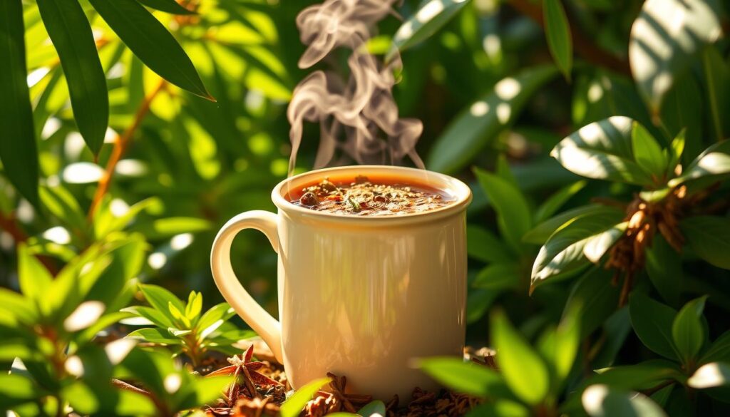 A vibrant, steaming mug of "té de vitalidad" takes center stage, its aromatic herbs and spices radiating an earthy, invigorating glow. Surrounding the mug, a lush, verdant backdrop of tropical foliage frames the scene, with dappled sunlight filtering through the leaves, casting a warm, intimate ambiance. The mug's contents appear rich and inviting, their natural hues reflecting the restorative properties of this potent herbal concoction. The composition is balanced, the lighting natural and soft, drawing the viewer's focus to the captivating blend of flavor and vitality embodied in this "té de vitalidad". A vibrant, steaming mug of "té de vitalidad" takes center stage, its aromatic herbs and spices radiating an earthy, invigorating glow. Surrounding the mug, a lush, verdant backdrop of tropical foliage frames the scene, with dappled sunlight filtering through the leaves, casting a warm, intimate ambiance. The mug's contents appear rich and inviting, their natural hues reflecting the restorative properties of this potent herbal concoction. The composition is balanced, the lighting natural and soft, drawing the viewer's focus to the captivating blend of flavor and vitality embodied in this "té de vitalidad".