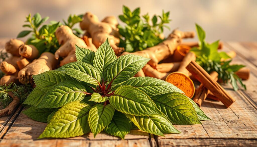 A vibrant still life arrangement featuring an assortment of invigorating herbs and roots. In the foreground, a cluster of fresh green yerba mate leaves, their veined textures glistening under warm, natural lighting. Surrounding them, a variety of other stimulating botanicals - ginger roots, turmeric rhizomes, and cinnamon sticks - arranged in a visually dynamic composition. The middle ground showcases a rustic wooden surface, its weathered grain providing an earthy backdrop. In the distant background, a soft, hazy atmosphere evokes a sense of tranquility and wellness. The overall scene radiates an energizing yet grounded ambiance, perfectly capturing the essence of "hierbas energizantes".