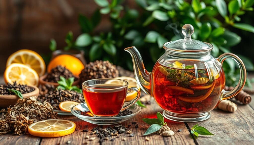 A vibrant still life showcasing an assortment of natural energizing infusions. In the foreground, an elegant glass teapot filled with a fragrant herbal tea, steam rising from its spout. Surrounding it, an array of whole leaf teas, dried herbs, and citrus slices, artfully arranged on a rustic wooden table. In the middle ground, a vintage-inspired tea cup and saucer, the tea's amber hue reflecting the warm, indirect lighting. In the background, lush greenery and earthy textures, creating a soothing, nature-inspired ambiance. The image radiates a sense of vitality and wellness, inviting the viewer to experience the revitalizing power of these natural infusions.