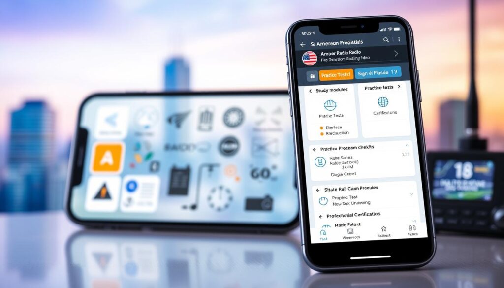 A vibrant, visually-engaging mobile app interface showcasing an amateur radio exam preparation tool. In the foreground, a modern smartphone display presents a clean, intuitive user experience with interactive study modules, practice tests, and certifications checklists. The middle ground features various radio communication icons, signal waves, and technical diagrams, conveying the app's specialized functionality. The background subtly incorporates a softly-blurred cityscape, evoking the versatility of mobile radio operation. The overall aesthetic is polished, high-tech, and inspiring, reflecting the user's excitement to master radio proficiency through this comprehensive, digital learning platform.
