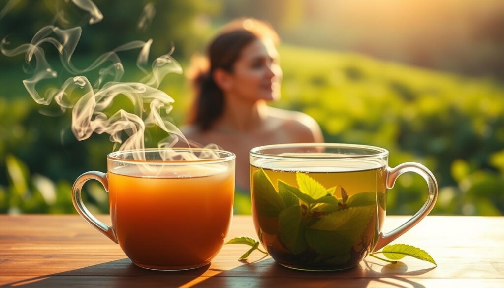A vibrant, well-balanced metabolism, depicted as a glowing, holistic energy field. In the foreground, a steaming cup of revitalizing herbal tea, its steam swirling with life-giving force. In the middle ground, a person drinking the tea, their face serene and their body radiating vitality. In the background, a lush, verdant landscape, symbolizing the nourishing, natural power of the tea's ingredients. Warm, soft lighting bathes the scene, creating a sense of tranquility and well-being. The overall composition conveys the transformative effects of the tea on the body's metabolic processes, restoring energy and promoting a healthy, balanced state.