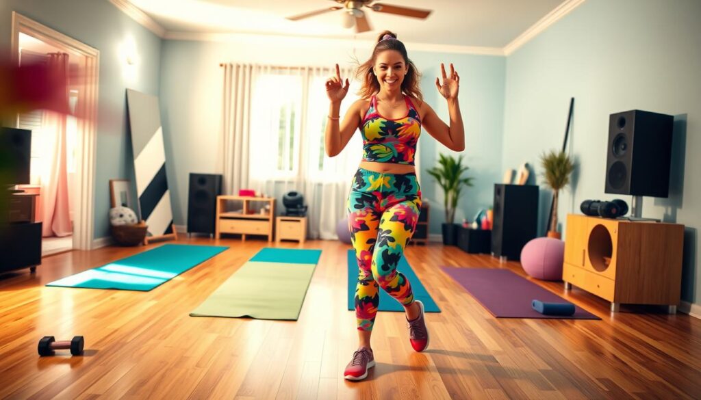 A vibrant, well-lit interior scene of a cozy home studio, with a young woman dressed in colorful Zumba attire energetically dancing and moving to upbeat Latin music. The foreground focuses on her dynamic movements, with a blurred background showcasing a clean, minimalist space filled with essential Zumba equipment like yoga mats, dumbbells, and a speaker system. The lighting is warm and inviting, creating a cheerful, motivating atmosphere that encourages the viewer to join in the Zumba fun from the comfort of their own home. A vibrant, well-lit interior scene of a cozy home studio, with a young woman dressed in colorful Zumba attire energetically dancing and moving to upbeat Latin music. The foreground focuses on her dynamic movements, with a blurred background showcasing a clean, minimalist space filled with essential Zumba equipment like yoga mats, dumbbells, and a speaker system. The lighting is warm and inviting, creating a cheerful, motivating atmosphere that encourages the viewer to join in the Zumba fun from the comfort of their own home.