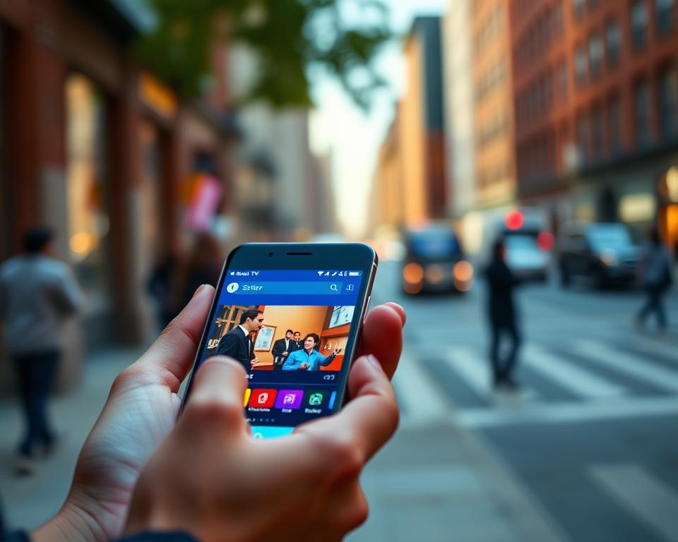 A vivid close-up of a smartphone screen displaying a streaming TV app, with a stylish modern interface and vibrant colors. The foreground shows the mobile device, held in a relaxed hand gesture, with the screen illuminated and showcasing a popular television show or live event. The middle ground features a blurred urban cityscape in the background, hinting at the on-the-go nature of mobile TV viewing. The lighting is soft and natural, creating a warm, inviting atmosphere. The overall composition emphasizes the convenience and accessibility of watching television on a mobile device. A vivid close-up of a smartphone screen displaying a streaming TV app, with a stylish modern interface and vibrant colors. The foreground shows the mobile device, held in a relaxed hand gesture, with the screen illuminated and showcasing a popular television show or live event. The middle ground features a blurred urban cityscape in the background, hinting at the on-the-go nature of mobile TV viewing. The lighting is soft and natural, creating a warm, inviting atmosphere. The overall composition emphasizes the convenience and accessibility of watching television on a mobile device.