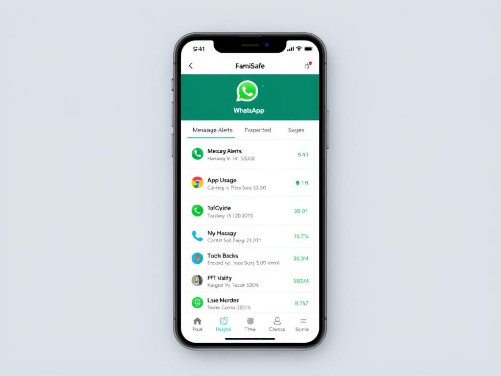 Aplicación FamiSafe mostrando monitoreo de WhatsApp y otras aplicaciones de mensajería Aplicación FamiSafe mostrando monitoreo de WhatsApp y otras aplicaciones de mensajería