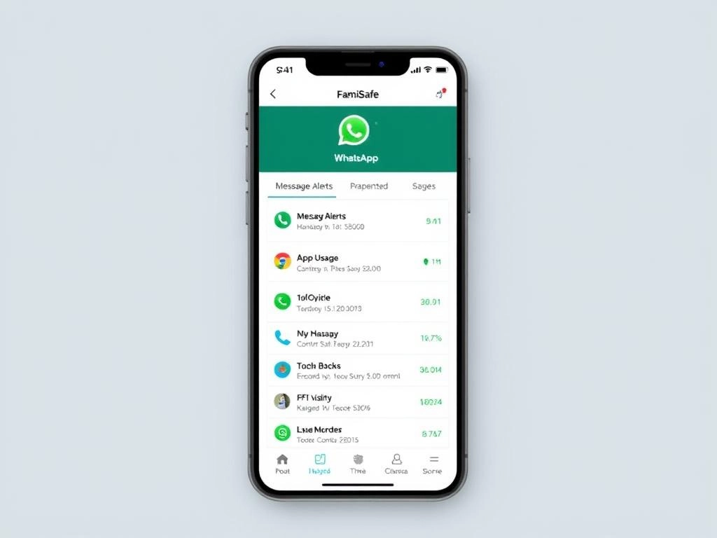 Aplicación FamiSafe mostrando monitoreo de WhatsApp y otras aplicaciones de mensajería