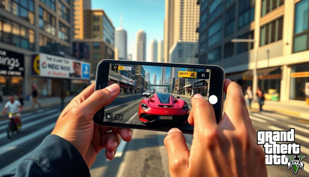 Detailed mobile gameplay of Grand Theft Auto V, showcasing a character navigating the bustling cityscape of Los Santos. The foreground depicts the player's hands holding a smartphone, fingers deftly controlling the on-screen virtual joystick and buttons. In the middle ground, the character steers a high-performance sports car through the winding streets, surrounded by lifelike pedestrians and traffic. The background reveals the iconic skyscrapers and landmarks of the game's urban environment, rendered with a crisp, photorealistic style and illuminated by warm, natural lighting. The overall atmosphere conveys the immersive, action-packed experience of playing GTA 5 on a mobile device.