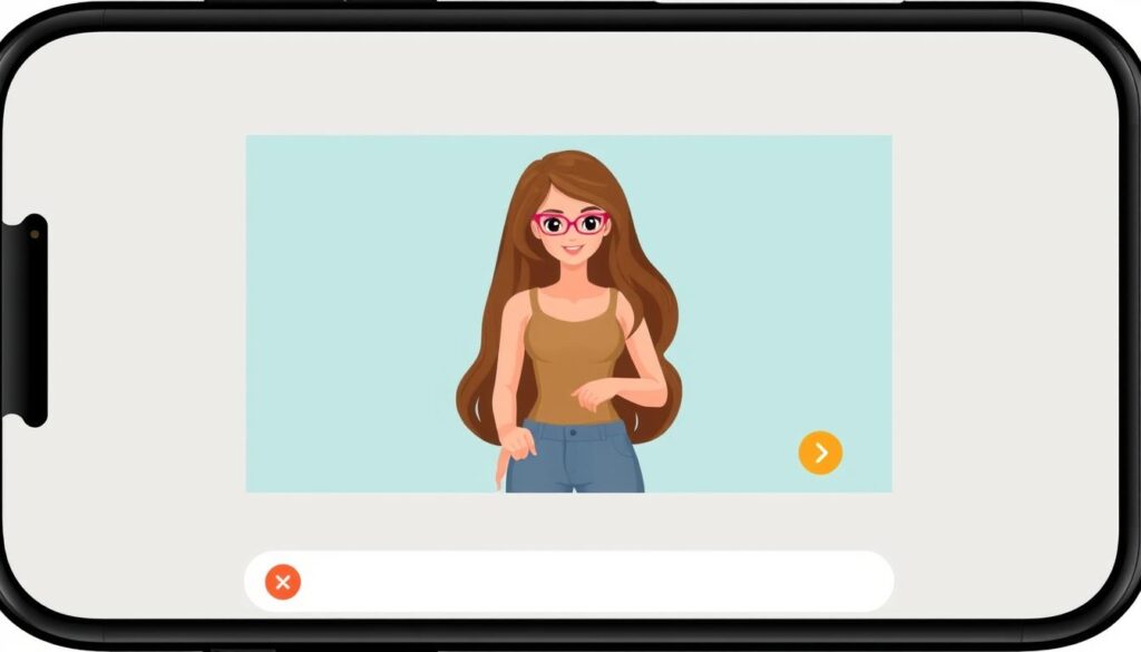 Genera una imagen de una aplicación móvil mostrando una historia interactiva con una novia virtual