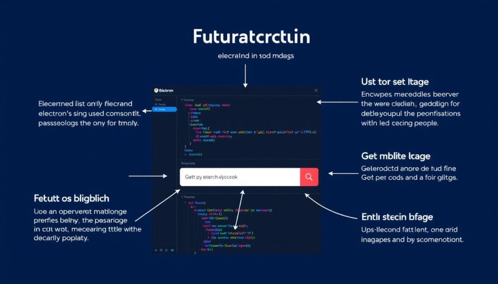 Generar imagen de la aplicación Electron en acción, mostrando su interfaz de usuario y características principales Generar imagen de la aplicación Electron en acción, mostrando su interfaz de usuario y características principales
