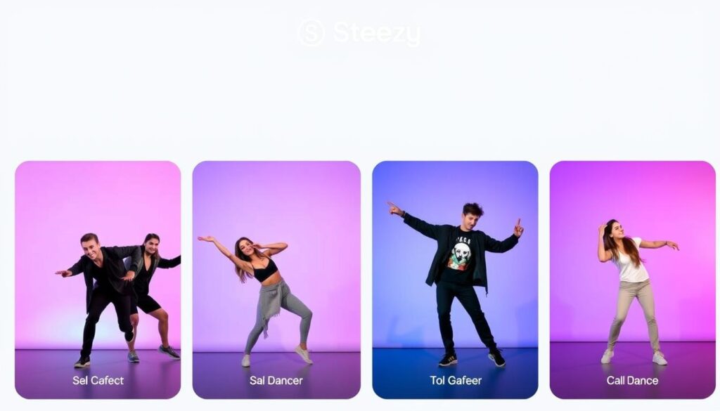 Generar imagen de la aplicación Steezy mostrando diferentes estilos de baile Generar imagen de la aplicación Steezy mostrando diferentes estilos de baile