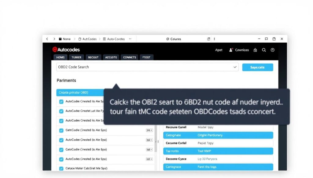 Generar una imagen de la aplicación AutoCodes mostrando su interfaz con una búsqueda de código OBD2 Generar una imagen de la aplicación AutoCodes mostrando su interfaz con una búsqueda de código OBD2