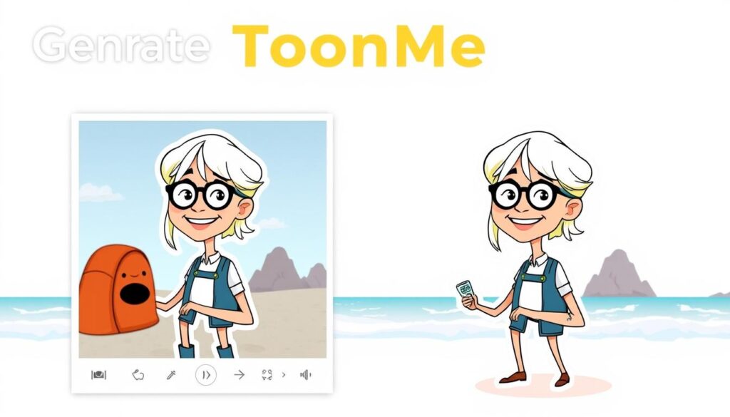 Generar una imagen de la aplicación ToonMe en acción, convirtiendo una foto en una caricatura artística.