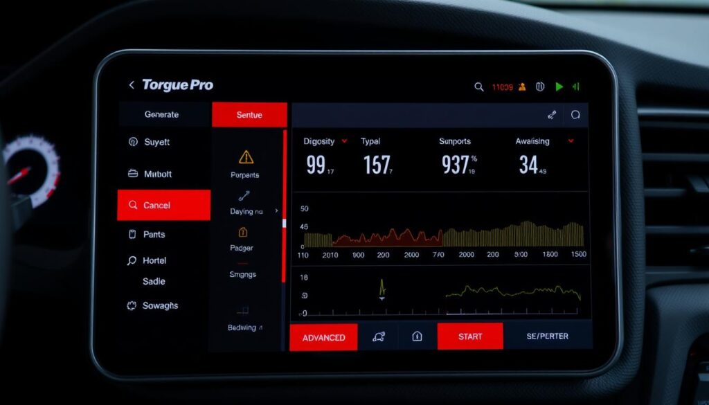 Generar una imagen de la aplicación Torque Pro mostrando su interfaz con datos de diagnóstico avanzados Generar una imagen de la aplicación Torque Pro mostrando su interfaz con datos de diagnóstico avanzados