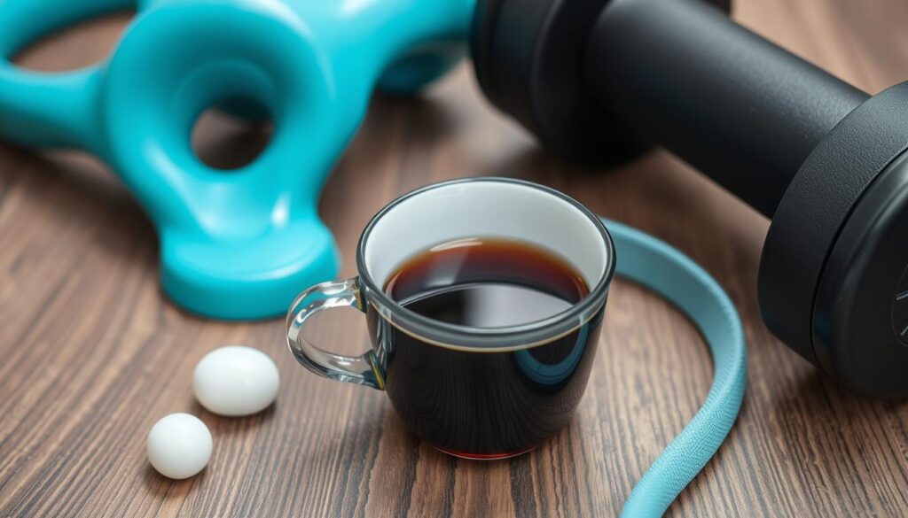 प्रशिक्षण उपकरण के बगल में काली चाय के एक कप की छवि बनाएं Generar una imagen de una taza de té negro junto a equipo de entrenamiento