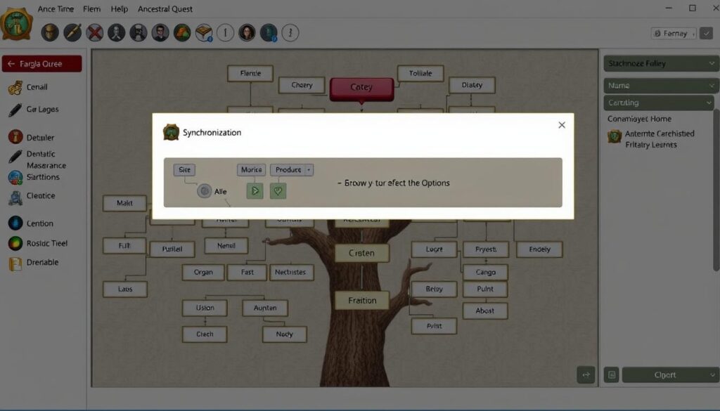 Imagen de Ancestral Quest mostrando un árbol genealógico y opciones de sincronización