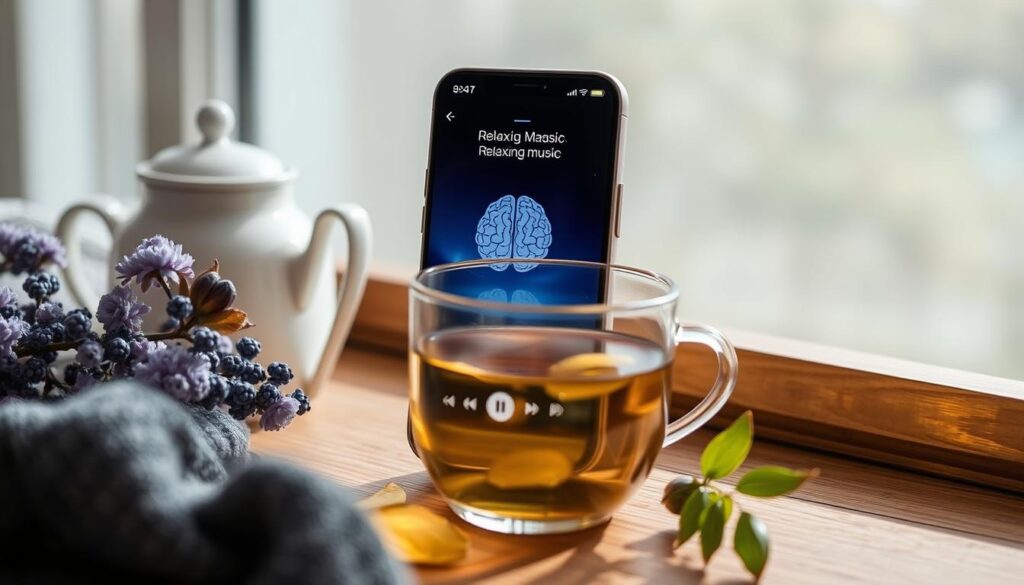 Imagen de la aplicación Brain.fm reproduciendo música relajante para acompañar un momento de té. Imagen de la aplicación Brain.fm reproduciendo música relajante para acompañar un momento de té.