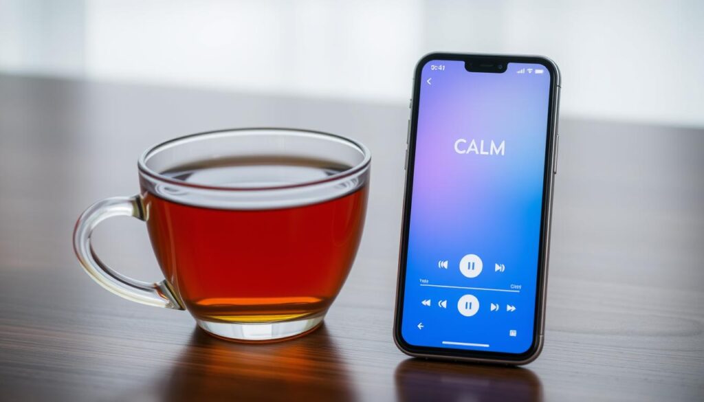 Imagen de la aplicación Calm reproduciendo sonidos relajantes junto a una taza de té Imagen de la aplicación Calm reproduciendo sonidos relajantes junto a una taza de té
