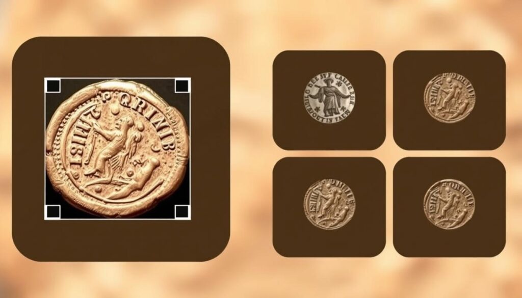 Immagine dell'app Coin ID Scanner che identifica una moneta antica Imagen de la aplicación Coin ID Scanner identificando una moneda antigua
