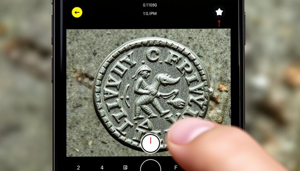 Immagine dell'app Coinoscope che esplora un'antica moneta Imagen de la aplicación Coinoscope explorando una moneda antigua