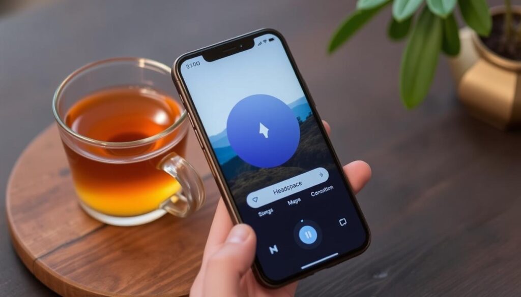 Imagen de la aplicación Headspace en uso durante un momento de té Imagen de la aplicación Headspace en uso durante un momento de té