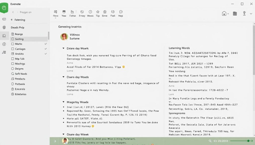 Imagen de la interfaz de Evernote mostrando un cuaderno de genealogía