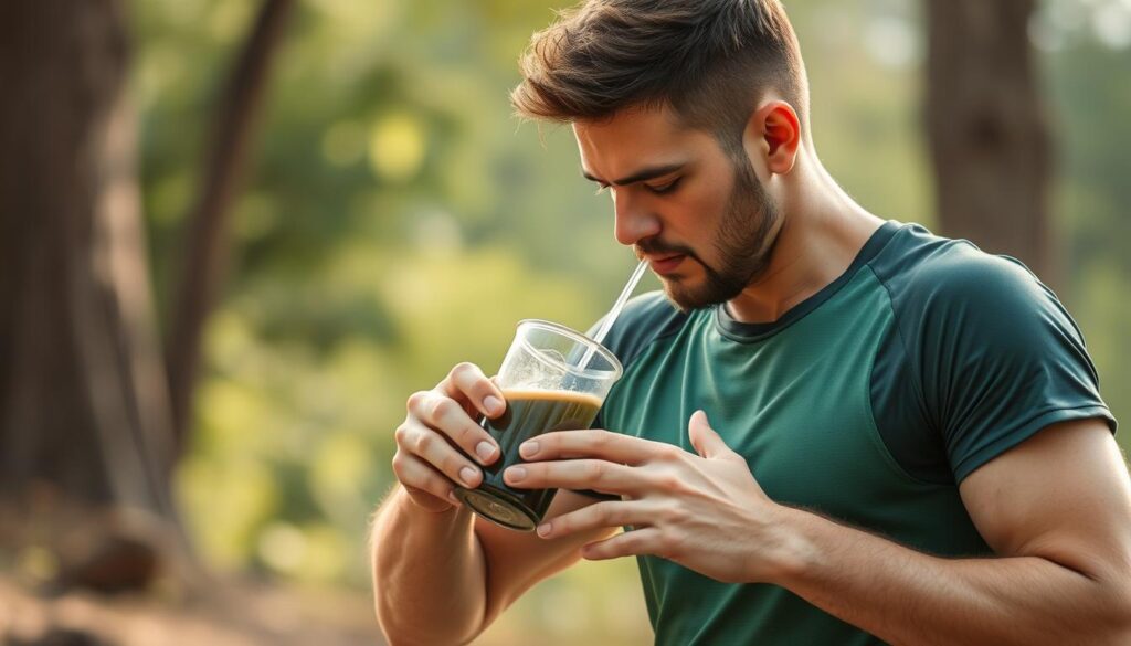 प्रशिक्षण से पहले यर्बा मेट पीते हुए एक एथलीट की छवि Imagen de un deportista bebiendo yerba mate antes de un entrenamiento