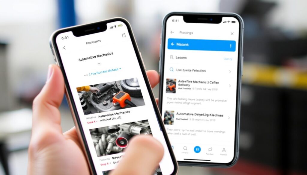 Imagen de una aplicación móvil mostrando lecciones de mecánica automotriz Imagen de una aplicación móvil mostrando lecciones de mecánica automotriz