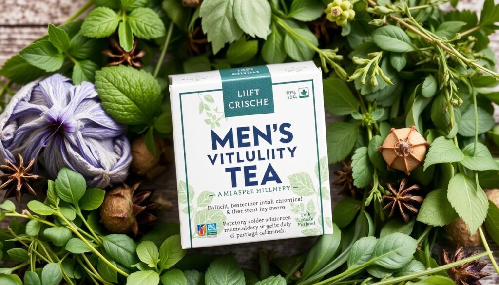 Imagen de una caja de té vitalidad masculina con hierbas frescas alrededor