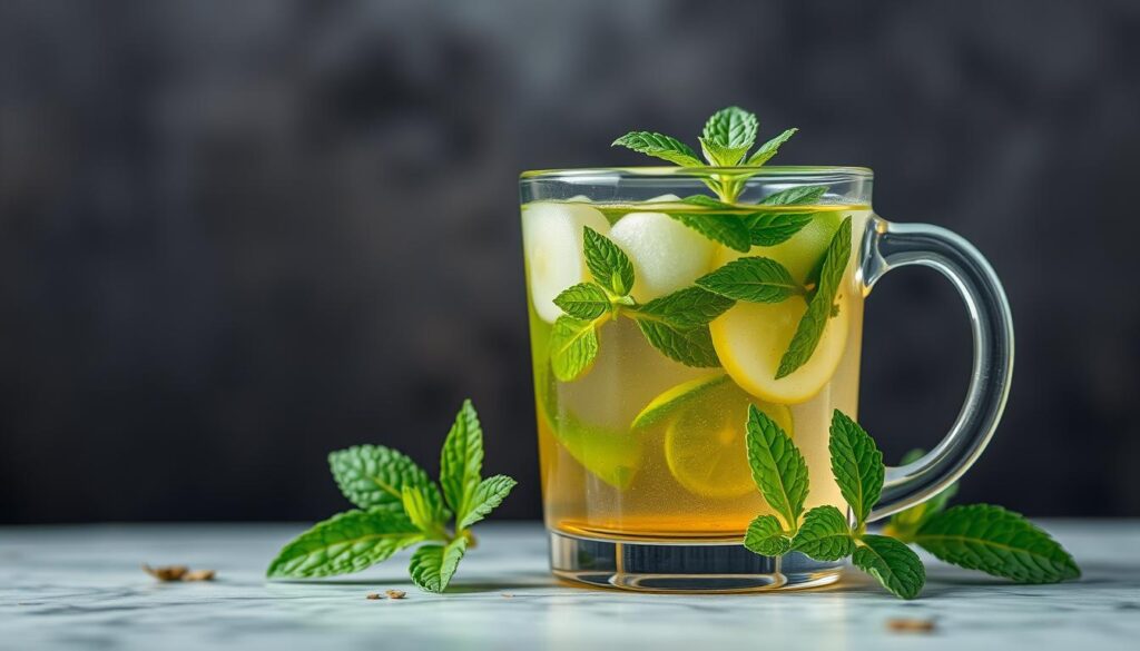 Imagen de una infusión de menta fresca con hojas de menta Imagen de una infusión de menta fresca con hojas de menta