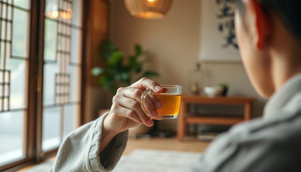 प्रशिक्षण सत्र से पहले जिनसेंग चाय पीते हुए व्यक्ति की छवि Imagen de una persona bebiendo té de ginseng antes de una sesión de entrenamiento