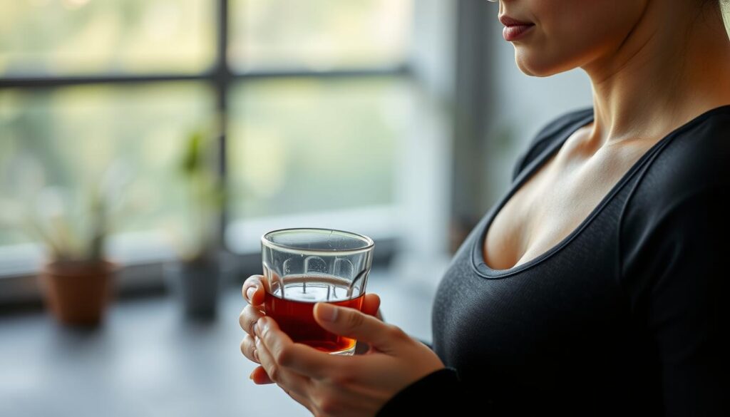वर्कआउट सेशन से पहले ऊलोंग चाय पीते हुए व्यक्ति की छवि Imagen de una persona bebiendo té oolong antes de una sesión de ejercicio