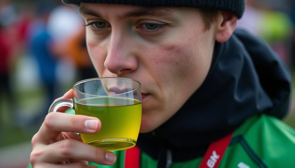 दौड़ से पहले हरी चाय पीते हुए व्यक्ति की छवि Imagen de una persona bebiendo té verde antes de una carrera
