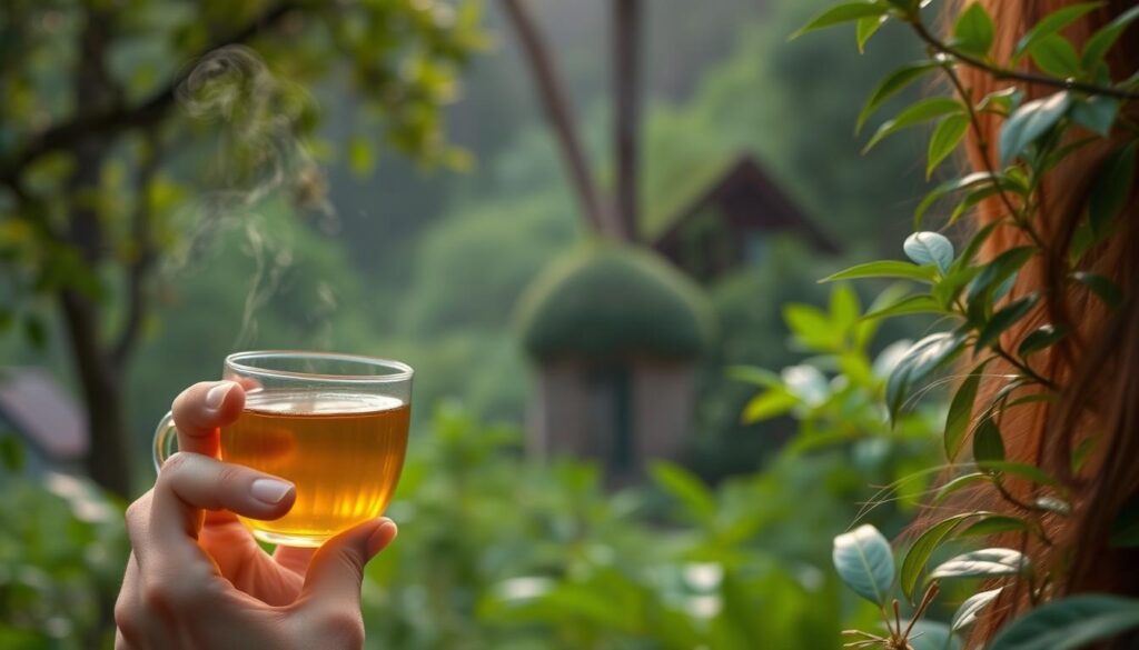 Imagen de una persona disfrutando de un té de vitalidad en un entorno natural Imagen de una persona disfrutando de un té de vitalidad en un entorno natural