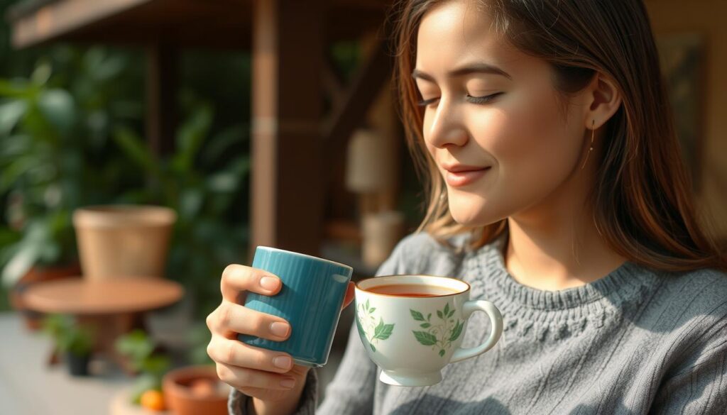 Imagen de una persona disfrutando de una taza de té de vitalidad en un entorno relajante Imagen de una persona disfrutando de una taza de té de vitalidad en un entorno relajante