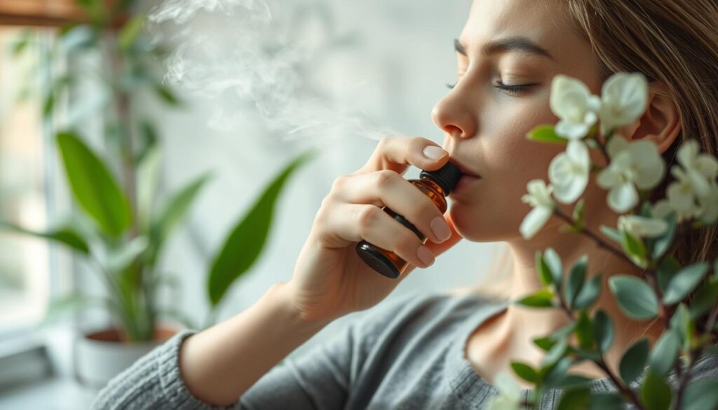 Imagen de una persona inhalando aceite de eucalipto en un entorno relajante Imagen de una persona inhalando aceite de eucalipto en un entorno relajante