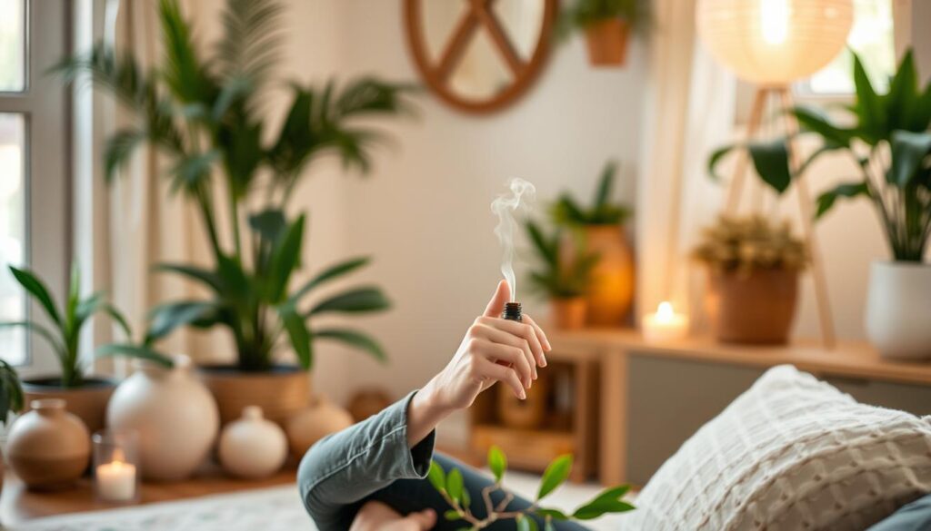Imagen de una persona practicando aromaterapia con aceites esenciales en un ambiente tranquilo Imagen de una persona practicando aromaterapia con aceites esenciales en un ambiente tranquilo
