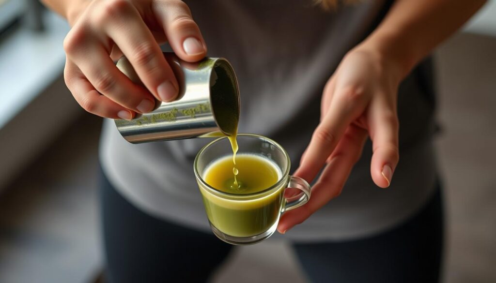 वर्कआउट सेशन से पहले माचा चाय तैयार करते व्यक्ति की छवि Imagen de una persona preparando té matcha antes de una sesión de ejercicio