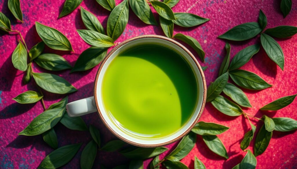 Imagen de una taza de matcha verde con un fondo de hojas de té