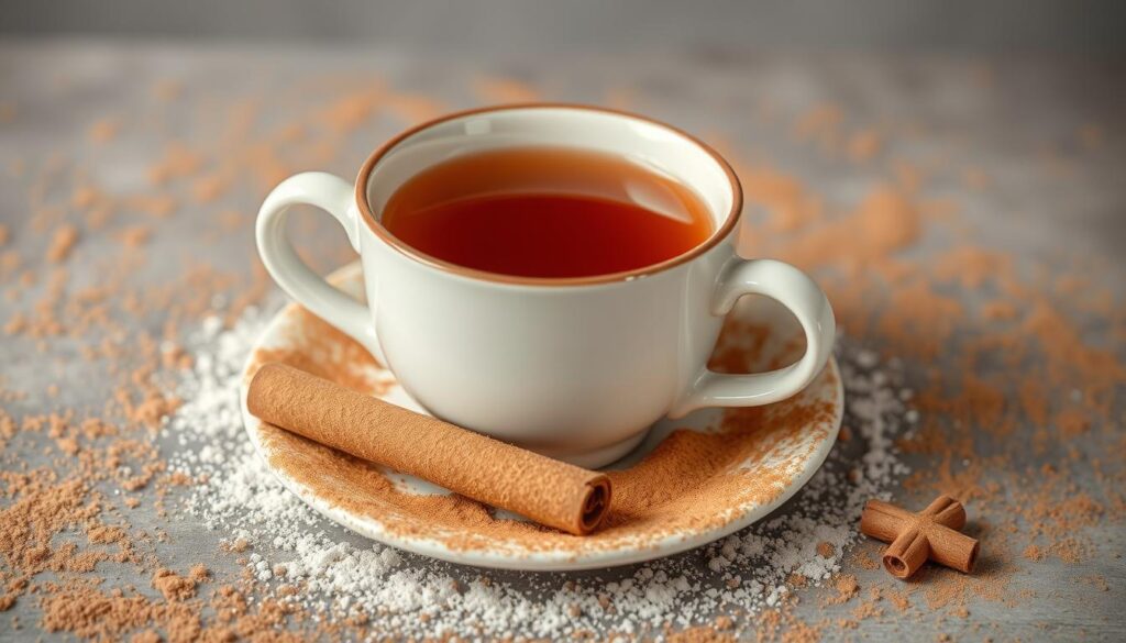 Imagen de una taza de té de canela con canela en polvo alrededor Imagen de una taza de té de canela con canela en polvo alrededor