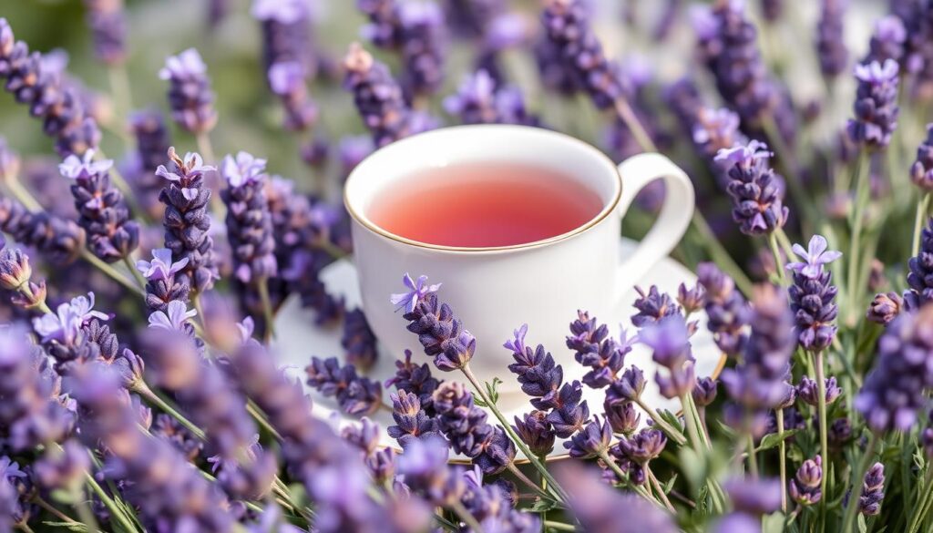 Imagen de una taza de té de lavanda con flores de lavanda alrededor Imagen de una taza de té de lavanda con flores de lavanda alrededor