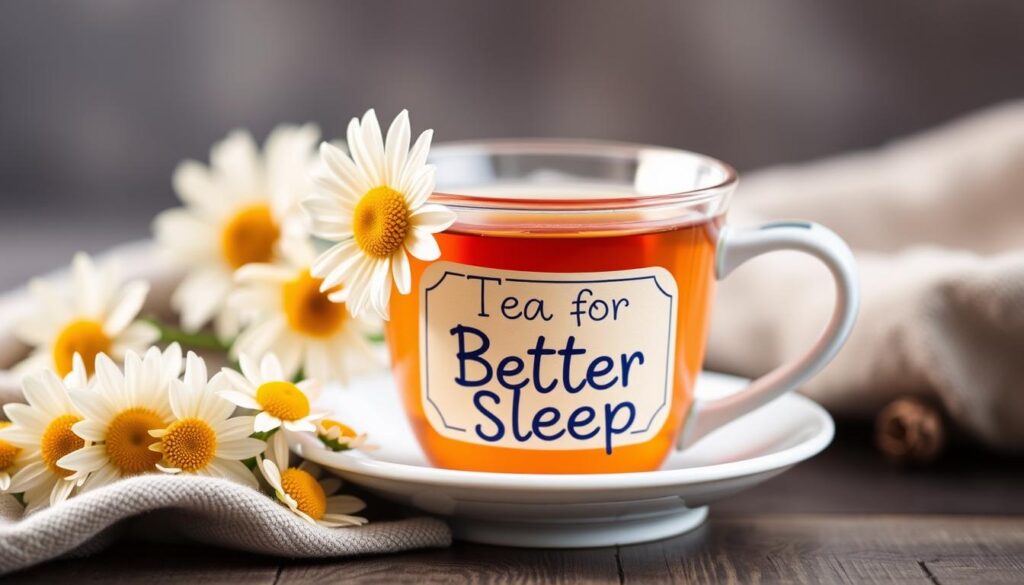 Imagen de una taza de té de manzanilla con una etiqueta que dice "Té para dormir mejor" Imagen de una taza de té de manzanilla con una etiqueta que dice "Té para dormir mejor"