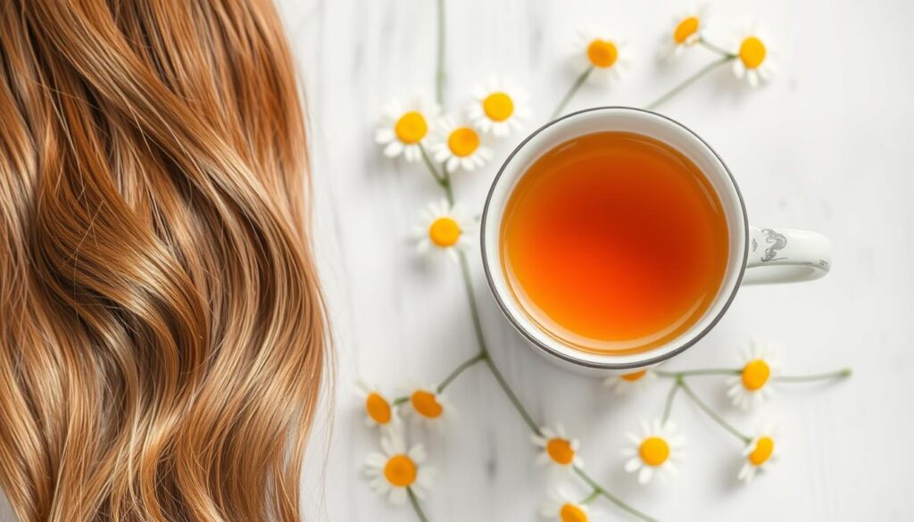 Imagen de una taza de té de manzanilla junto a un cabello brillante y saludable Imagen de una taza de té de manzanilla junto a un cabello brillante y saludable