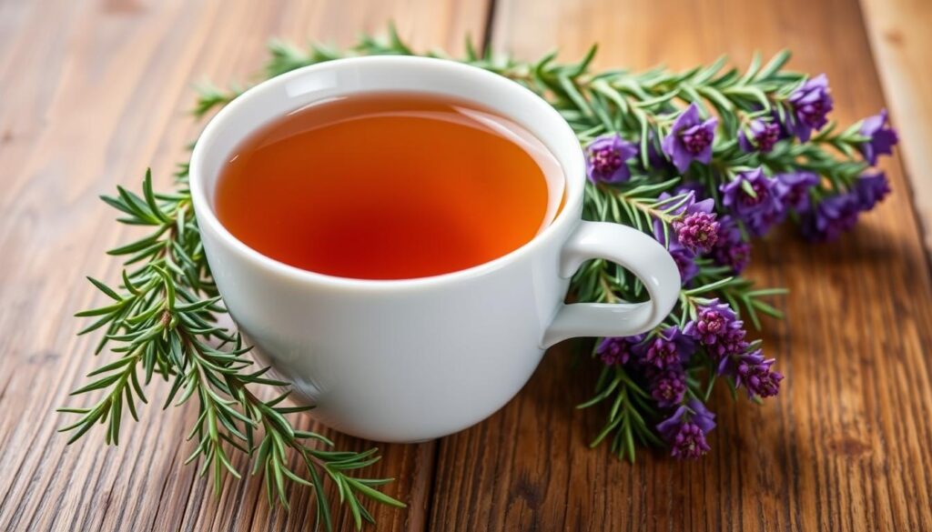 Imagen de una taza de té de romero junto a un ramo de romero fresco Imagen de una taza de té de romero junto a un ramo de romero fresco