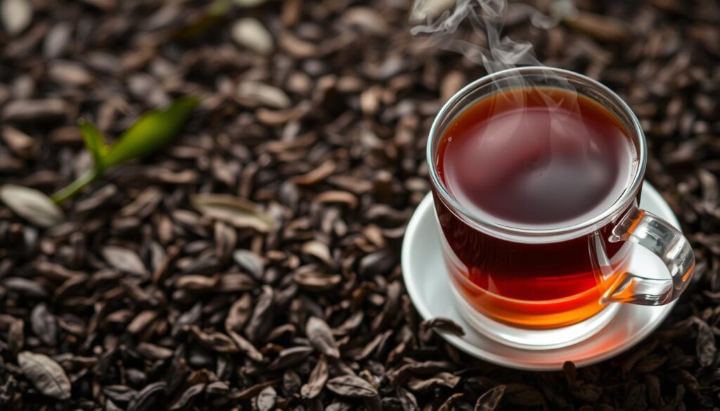 Imagen de una taza de té negro humeante con un fondo de hojas de té