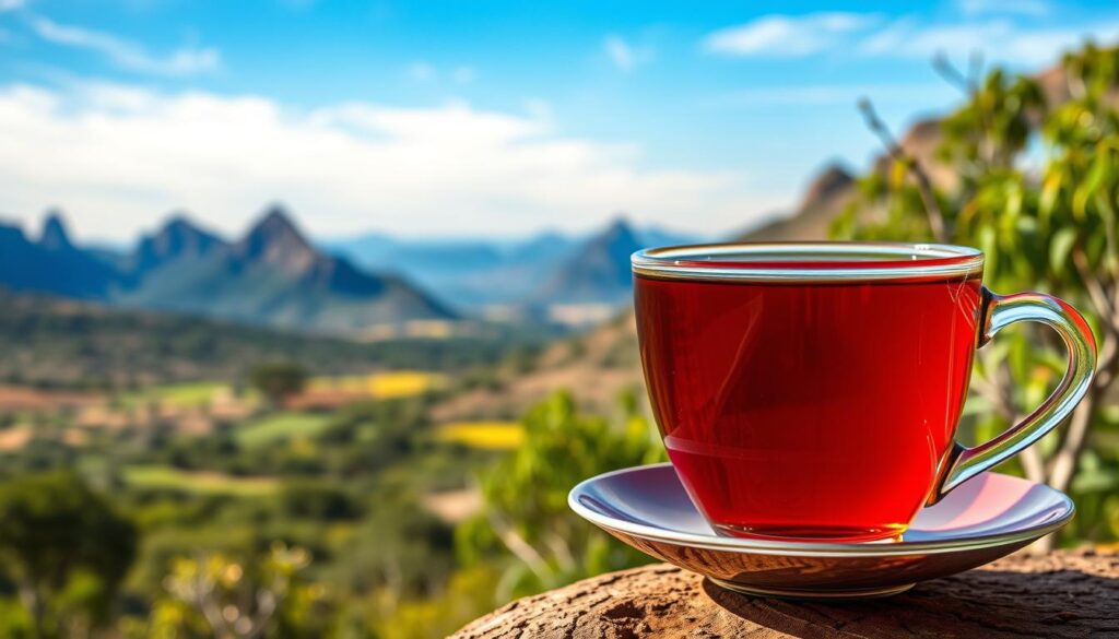 Imagen de una taza de té rooibos con un paisaje sudafricano