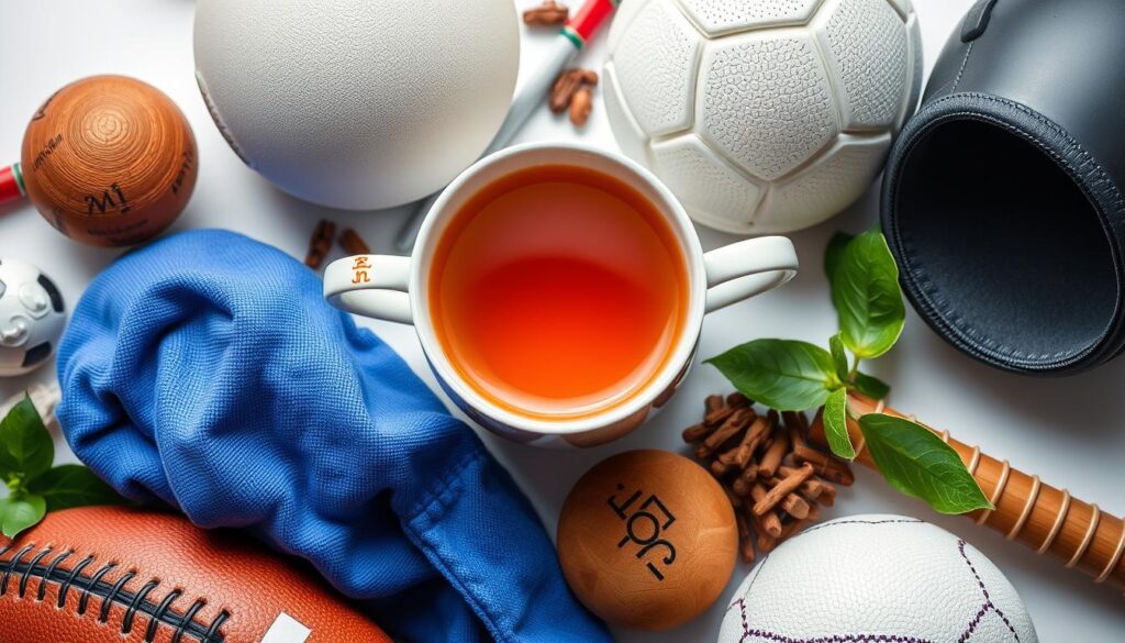 खेल उपकरण के बगल में रूइबोस चाय के कप की छवि Imagen de una taza de té rooibos junto a elementos deportivos