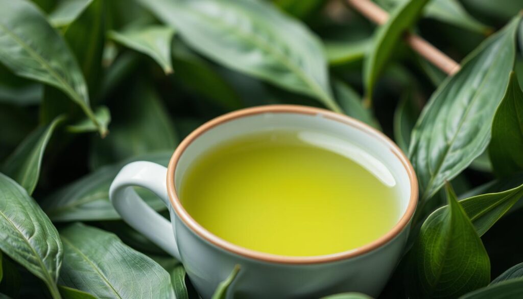Imagen de una taza de té verde con hojas frescas